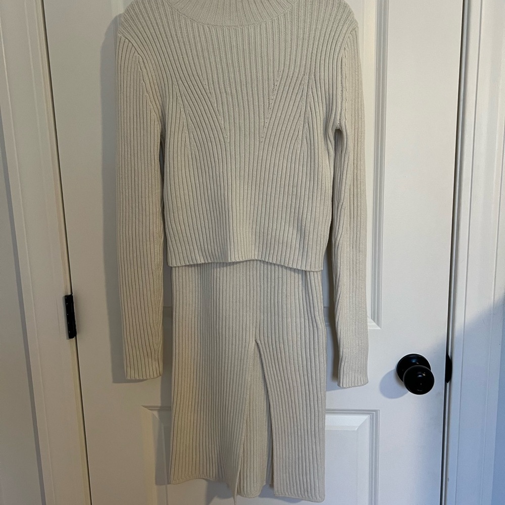 Elegant Cream Ribbed Knit Sweater Skirt Set